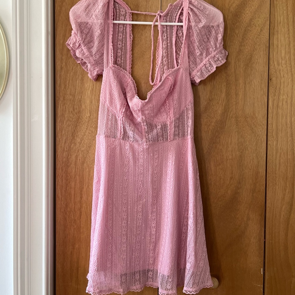Floral Lace Milkmaid Mini Dress in Lilac Pink